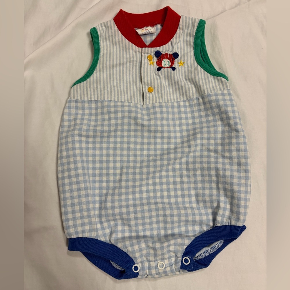 Vintage 3-6 months Buster Brown Blue Gingham baseball Romper primary colors